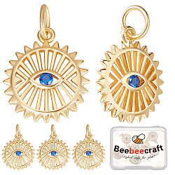 8Pcs Brass Micro Pave Cubic Zirconia Charms, Long-Lasting Plated, with Jump Ring, Flower with Blue Eye, Real 18K Gold Plated, 12.1x14.2x1.8mm, Hole: 3.7mm(KK-BBC0004-71)