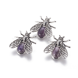 Natural Amethyst Brooches, with Alloy Findings, Cicada, Antique Silver, 38x36x8mm, Pin: 0.6mm(G-A176-D04-1)