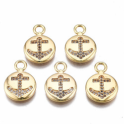 Brass Micro Pave Clear Cubic Zirconia Pendants, Nickel Free, Flat Round with Anchor, Real 18K Gold Plated, 16.5x12x2mm, Hole: 2.5mm(KK-Q277-043-NF)