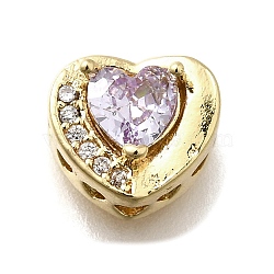 Brass Cubic Zirconia Heart Multi-Strand Links, Golden, Long-Lasting Plated, Rack Plating, Lilac, 9x10x7mm, Hole: 1.6mm(KK-M316-10G-01)