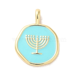 Hannukah Brass Enamel Pendants, Real 14K Gold Plated, Flat Round with Menorah Charm, Pale Turquoise, 18.5x14x2mm, Hole: 3.5x2mm(KK-M278-07B-G)