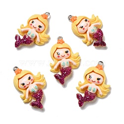 Opaque Resin Pendants, with Glitter Powder and Platinum Tone Iron Loops, Mermaid, Gold, 34x22x6mm, Hole: 2mm(RESI-D055-036P)