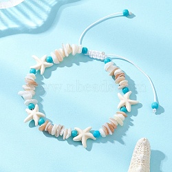 Synthetical Turquoise & Natural Shell Beads Braided Bead Bracelets, Starfish, Colorful, Inner Diameter: 1.97~3.07 inch(5~7.8cm)(BJEW-JB13096)