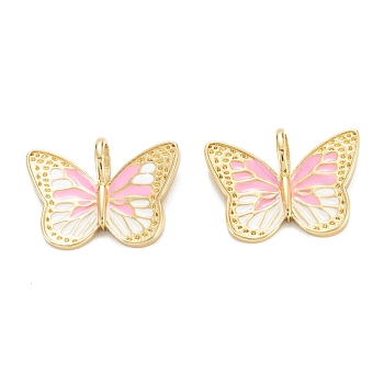 Brass Enamel Pendants, Real 18K Gold Plated, Long-Lasting Plated, Butterfly, Pink, 16.5x22x5mm, Hole: 5x3mm