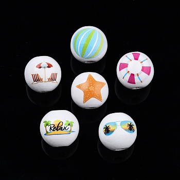 Beach Theme Printed Wooden Beads, Round, Mixed Color, Beach Theme Pattern, 15.5~16x15mm, Hole: 3.5mm