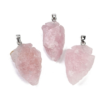 Raw Rough Natural Rose Quartz Pendants, Arrow Head Charms with Stainless Steel Snap on Bails, Stainless Steel Color, 31~39.5x19~25x8~14.5mm, Hole: 2.5x3.5mm