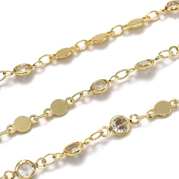 3.28 Feet Brass Link Chains, with Clear Cubic Zirconia, Long-Lasting Plated, Soldered, Golden, Links: 8x4.1x0.6mm and 10.1x4.6x2.2mm