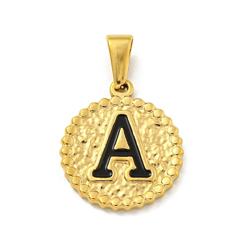 Ion Plating(IP) 304 Stainless Steel Enamel Pendants, Golden, Flat Round with Letter Charm, Letter A, 21x18x2mm, Hole: 8x3.5mm