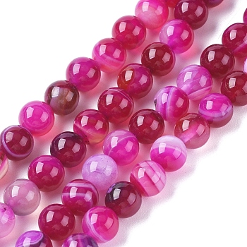 Natural Striped Agate/Banded Agate Beads Strands, Dyed & Heated, Round, Hot Pink, 6mm, Hole: 1mm, about 63pcs/strand, 14.57 inch(37cm)