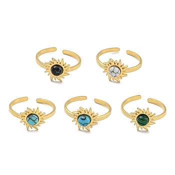 Ion Plating(IP) 304 Stainless Steel Synthetic Gemstone Cuff Rings, Sun Open Rings for Women, Real 18K Gold Plated, 11.5mm.
