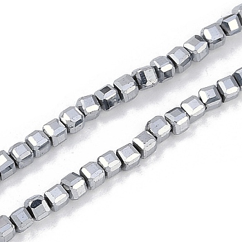 Electroplated Synthetic Non-magnetic Hematite Beads Strands, Faceted Table Cut Cube, Platinum Plated, 3x3x2.5mm, Hole: 0.6mm, about 150pcs/strand, 14.96''(38cm)