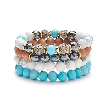 4Pcs 4 Style Natural Wood & Mixed Stone Beaded Stretch Bracelets Set, Essential Oil Gemstone Jewelry for Women, Inner Diameter: 2-1/8~2-3/8 inch(5.3~6.1cm), 1Pc/style