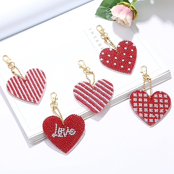 DIY Heart Keychain Diamond Painting Kits, for Valentine Day, including Acrylic Board, Alloy Clasps, Resin Rhinestones, Diamond Sticky Pen, Tray Plate & Glue Clay, Red, Heart: 60x60mm, 5pcs/set
