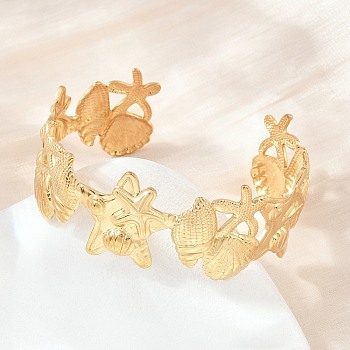 Ocean Theme 304 Stainless Steel Cuff Bangles for Women, Real 18K Gold Plated, Starfish & Turtle & Shell Shape & Conch, Inner Diameter: 2.48 inch(6.3cm), wide: 27mm