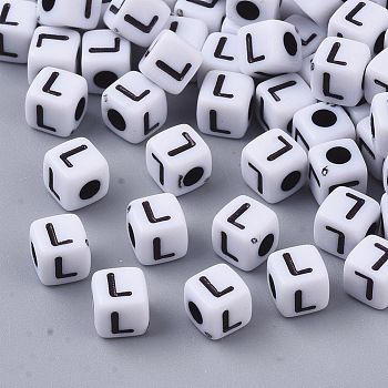 White Opaque Acrylic Beads, Horizontal Hole, Cube with Black Alphabet, Letter.L, 4~5x4~5x4~5mm, Hole: 1.8mm, about 6470~6500pcs/500g