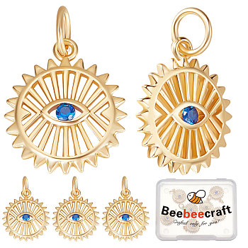 8Pcs Brass Micro Pave Cubic Zirconia Charms, Long-Lasting Plated, with Jump Ring, Flower with Blue Eye, Real 18K Gold Plated, 12.1x14.2x1.8mm, Hole: 3.7mm