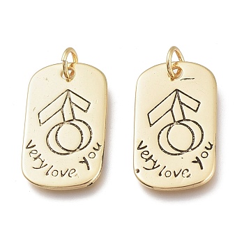 Brass Pendants, with Jump Rings, Long-Lasting Plated, Rectangle with Male Gender Sign, Word Very Love You, Antique Golden, 21.5x12.5x1.5mm, Hole: 3.5mm