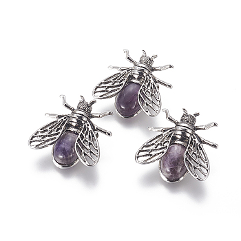 Natural Amethyst Brooches, with Alloy Findings, Cicada, Antique Silver, 38x36x8mm, Pin: 0.6mm