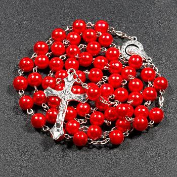 Plastic Imitation Pearl Rosary Bead Necklace for Easter, Alloy Crucifix Cross Pendant Necklace with Iron Chains, Red, 27.56 inch(70cm)