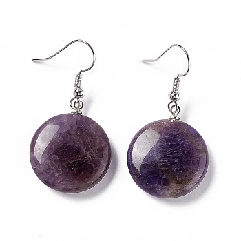 Natural Amethyst Flat Round Dangle Earrings, Platinum Brass Jewelry for Women, 42mm, Pin: 0.7mm