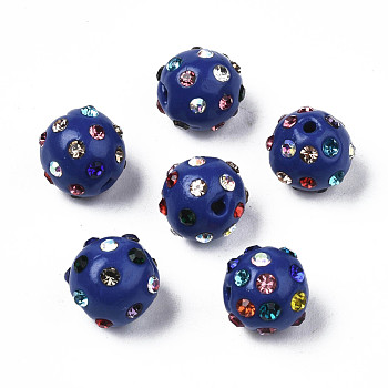 Polymer Clay Rhinestone Beads, Pave Disco Ball Beads, Round, Dark Blue, PP15(2.1~2.2mm), 9~10.5x9mm, Hole: 1.2mm