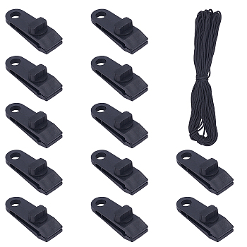 PANDAHALL ELITE Plastic Camping Tent Clips, Windproof Awning Tent Clamp with Spiral Buckle, Lightweight Canvas Fixing Buckle, Outdoor Tarpaulin Clips, with Polyester Cord, Black, 8.5x2.6x2.8cm, Hole: 13mm, 12pcs