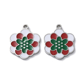 304 Stainless Steel Pendants, with Enamel, Flower Charm, Stainless Steel Color, 17x14x1.5mm, Hole: 1.6mm