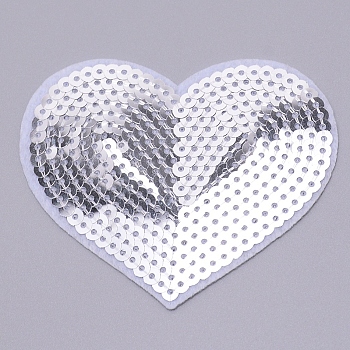 Embroidery Thread Sew on Hot Melt Glue Blankets Cloth, with Paillette, Cloth Accessories, Appliques, Heart, Silver, 6.9x8.5x0.15cm