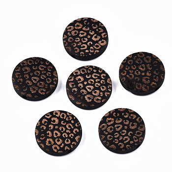 Painted Natural Wood Beads, Laser Engraved Pattern, Flat Round with Leopard Print, Black, 20x5mm, Hole: 1.5mm