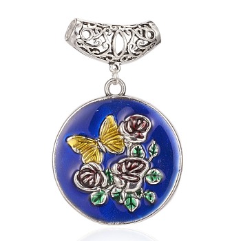 Alloy Enamel Big Pendants, with Tube Bails, Flat Round with Flower, Antique Silver, 67mm, Hole: 5x6mm