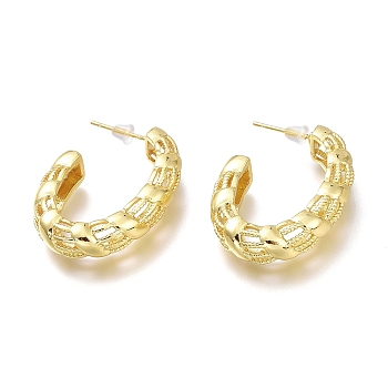Brass Half Hoop Earrings, with Steel Pin and Plastic Ear Nuts, Long-Lasting Plated, Textured, Oval, Real 18K Gold Plated, 32x22.8x4.5mm, Pin: 0.7mm