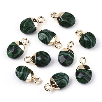 Synthetic Malachite Charms, Top Light Gold Plated, with Iron Loop, Oval, Faceted, 14~15x8x5mm, Hole: 1.8mm