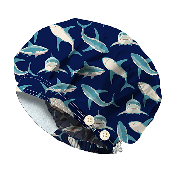 Cotton Adjustable Printed Bouffant Hats Working Caps for Women Men, with Button, Shark, Inner Diameter: 400~600mm