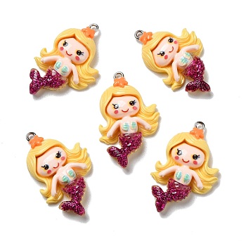 Opaque Resin Pendants, with Glitter Powder and Platinum Tone Iron Loops, Mermaid, Gold, 34x22x6mm, Hole: 2mm
