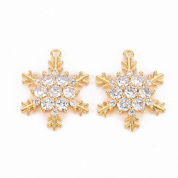 Brass Micro Pave Clear Cubic Zirconia Pendants, Snowflake, Real 18K Gold Plated, 19x15x3mm, Hole: 1.2mm