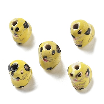 Handmade Porcelain Beads, Ornamental with Gold, Dog, Yellow, 15x10.5x13.5mm, Hole: 2.3mm