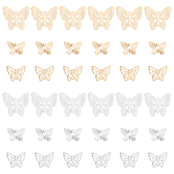 60Pcs 6 Style Brass Charms, Long-Lasting Plated, Hollow, Butterfly, Mixed Color, 9.5~17x13~20x0.1~0.5mm, Hole: 1.2mm, 10pcs/style