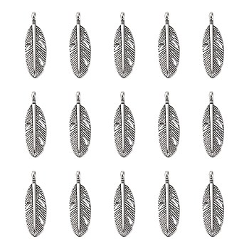 Tibetan Style Alloy Pendants, Lead Free & Cadmium Free & Nickel Free, Feather, Antique Silver, about 9mm wide, 30mm high, 2mm thick, hole: 2mm