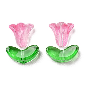 Glass Beads, Morning Glory Flower & Leaf, Hot Pink, 10x10.5x5.5mm, Hole: 1mm, 6.5x14x4.5mm, Hole: 1mm, 20pcs/bag