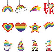 Pride Rainbow Theme Wooden Pendant Decorations, Jute Cord Hanging Ornaments, Mixed Shapes, Mixed Color, 60~100x60~100mm, Hole: 3mm, 12style, 3pcs/style, 36pcs/set(WOOD-WH0037-002)