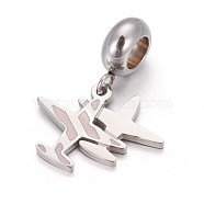 304 Stainless Steel European Dangle Charms, with Enamel, Large Hole Pendants, Airplane, Stainless Steel Color, Pink, 22mm, Hole: 4.5mm, Pendant: 12x17x1.3mm(OPDL-L013-39B)