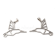 201 Stainless Steel Origami Pendants, Hummingbird Outline Charms, Stainless Steel Color, 26.5x36.5x1.3mm, Hole: 6.5x3.3mm(STAS-K251-017P)