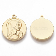 304 Stainless Steel Pendants, Flat Round with Praying Virgin Mary, Real 18K Gold Plated, 21x18.5x2.8mm, Hole: 1.2mm(STAS-N093-03G-NF)