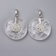 Natural Quartz Crystal Pendants, Rock Crystal Pendants, with Platinum Tone Brass Findings, Donut/Pi Disc with Flower, 35.5x30x8.5~9.5mm, Hole: 4.5x6.5mm(G-F640-C01)