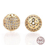 925 Sterling Silver Micro Pave Cubic Zirconia Beads, Round, Nickel Free, Real 18K Gold Plated, 8mm, Hole: 1mm(STER-T004-23G)