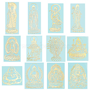 12Pcs 12 Styles Buddhist Theme Alloy Stickers, Metal Stickers for Mobile Phone Decoration, Golden, Buddha, Mixed Patterns, 50~83x35~53x0.2mm, 1pc/style(DIY-OC0010-21)