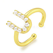 Rack Plating Brass Open Cuff Rings for Women, with ABS Imitation Pearl, Cadmium Free & Lead Free, Long-Lasting Plated, Letter, Letter U, Inner Diameter: 17mm, Letter U: 11x8.5mm(RJEW-F162-01G-U)