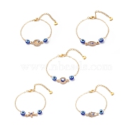 Crystal Rhinestone & Resin Evil Eye Link Slider Bracelet, Gold Plated Brass Jewelry for Women, Blue, Mixed Patterns, 7-1/8~7-1/4 inch(18~18.5cm)(BJEW-JB08630)