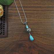 Exotic Ethnic Style Miao Silver & Synthetic Turquoise Drop Pendant Necklaces, Antique Silver, Round(NL3465-3)