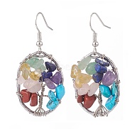 Natural & Synthetic Mixed Gemstone Chips Oval with Tree of Life Dangle Earrings, 7 Chakra Brass Wire Wrap Jewelry for Women, Platinum, 47mm, Pin: 0.7mm(EJEW-JE04880-02)
